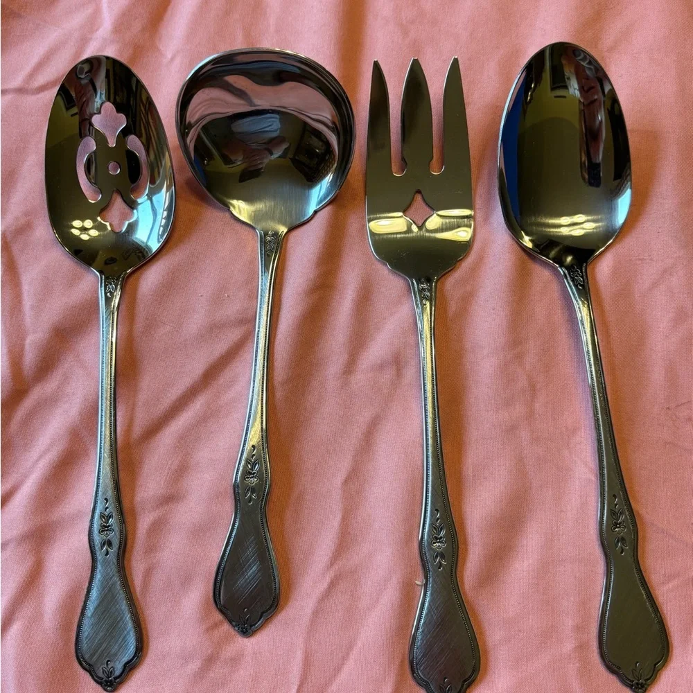 Oneida Morning Blossom Pattern Stainless Steel Serving Spoon Set Silver Finish